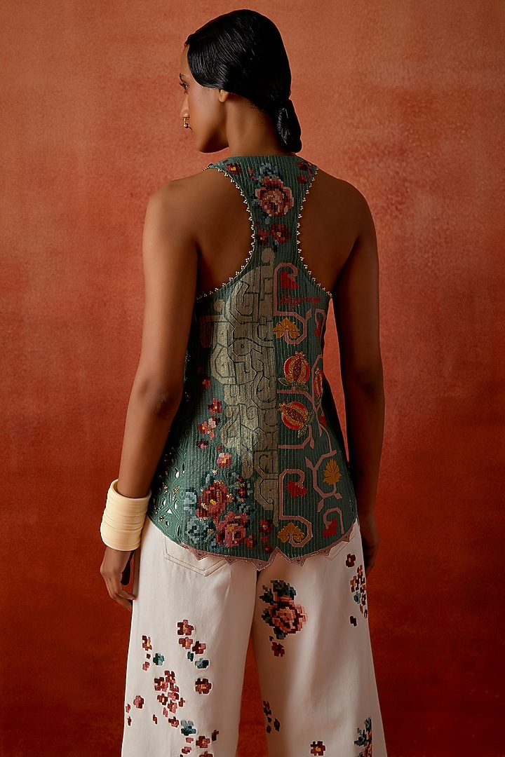 Teal Silk Chanderi Embroidered Angrakha Jacket Set by Jajaabor at Pernia's Pop Up Shop