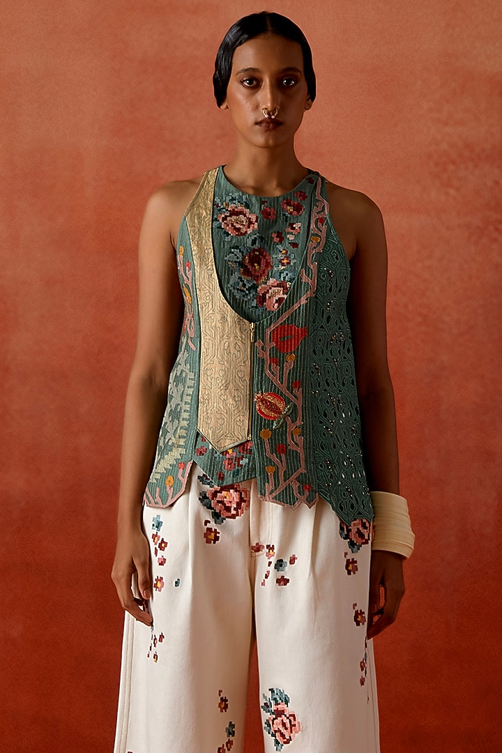 Teal Silk Chanderi Embroidered Angrakha Jacket Set by Jajaabor at Pernia's Pop Up Shop