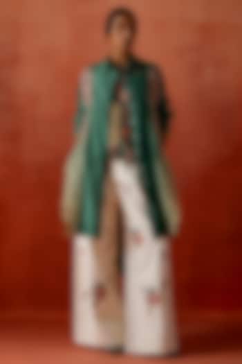 Teal Silk Chanderi Embroidered Angrakha Jacket Set by Jajaabor at Pernia's Pop Up Shop