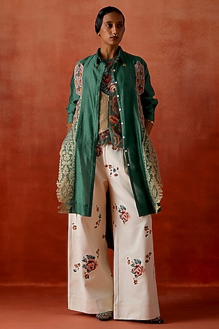Teal Silk Chanderi Embroidered Angrakha Jacket Set by Jajaabor