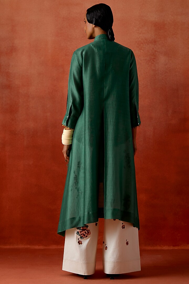 Teal Silk Chanderi Embroidered Angrakha Jacket Set by Jajaabor at Pernia's Pop Up Shop