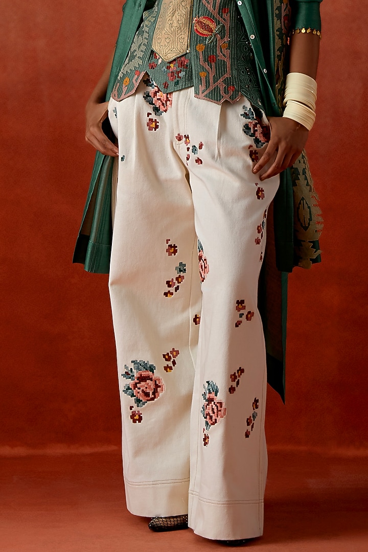 Teal Silk Chanderi Embroidered Angrakha Jacket Set by Jajaabor at Pernia's Pop Up Shop