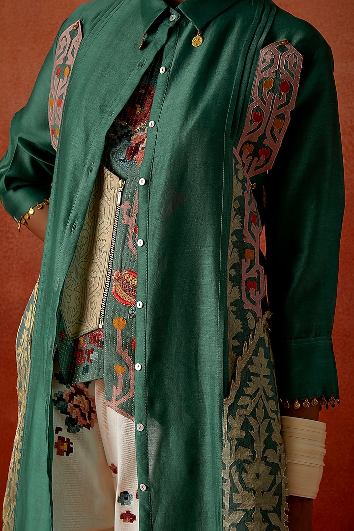 Teal Silk Chanderi Embroidered Angrakha Jacket Set by Jajaabor at Pernia's Pop Up Shop