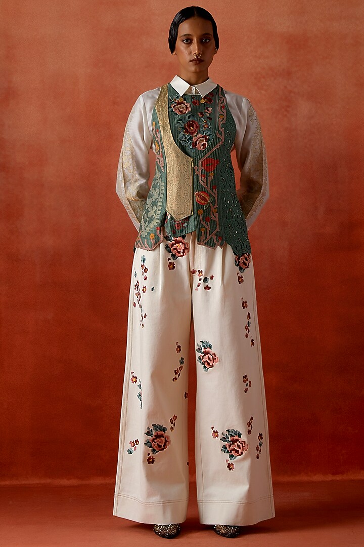 Teal Silk Chanderi Embroidered Angrakha Jacket Set by Jajaabor at Pernia's Pop Up Shop