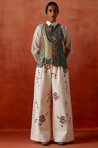 Teal Silk Chanderi Embroidered Angrakha Jacket Set by Jajaabor