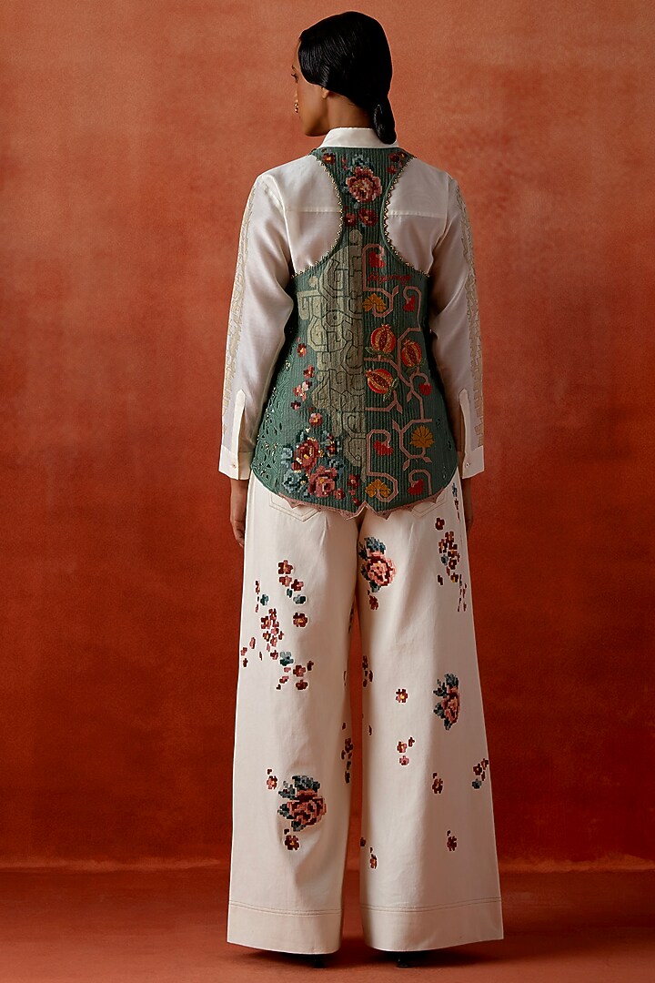 Teal Silk Chanderi Embroidered Angrakha Jacket Set by Jajaabor at Pernia's Pop Up Shop