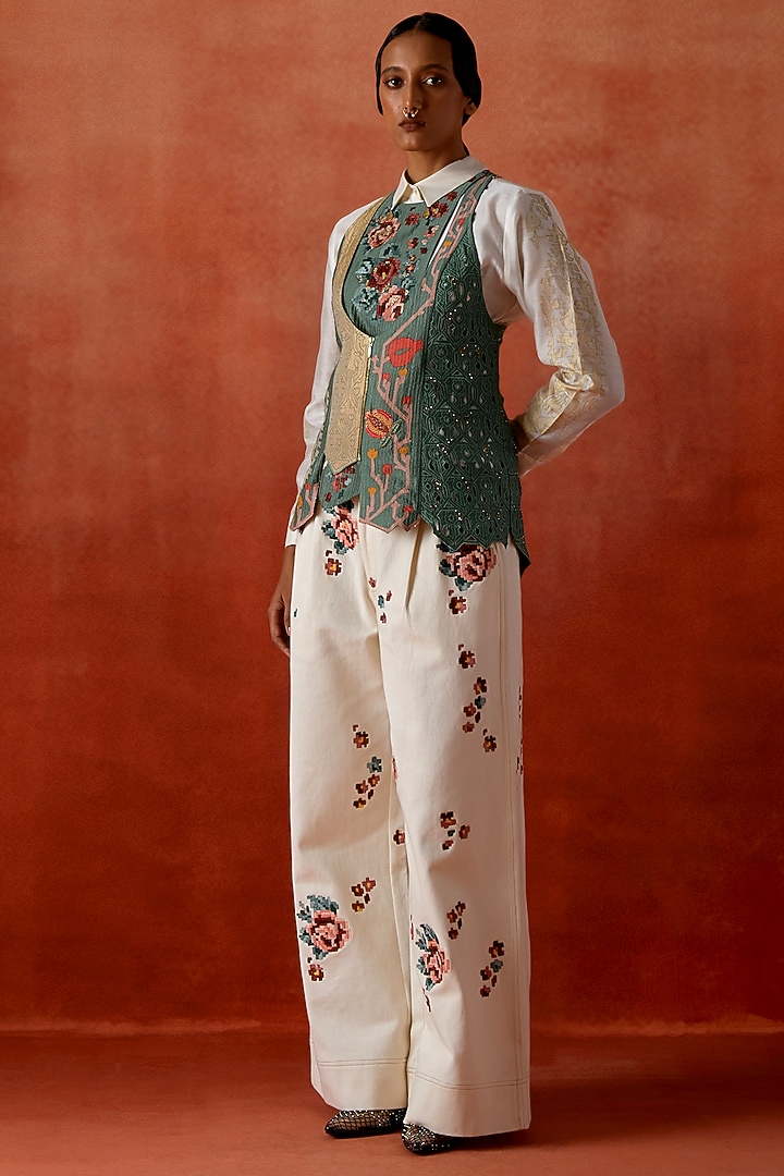 Teal Silk Chanderi Embroidered Angrakha Jacket Set by Jajaabor at Pernia's Pop Up Shop