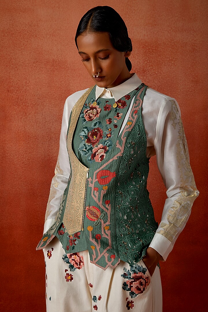 Teal Silk Chanderi Embroidered Angrakha Jacket Set by Jajaabor at Pernia's Pop Up Shop
