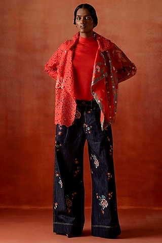 Coral Silk Organza Embroidered Jacket Set by Jajaabor