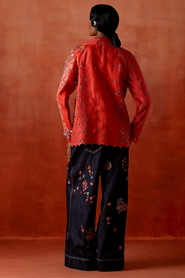 Coral Silk Organza Embroidered Jacket Set by Jajaabor at Pernia's Pop Up Shop