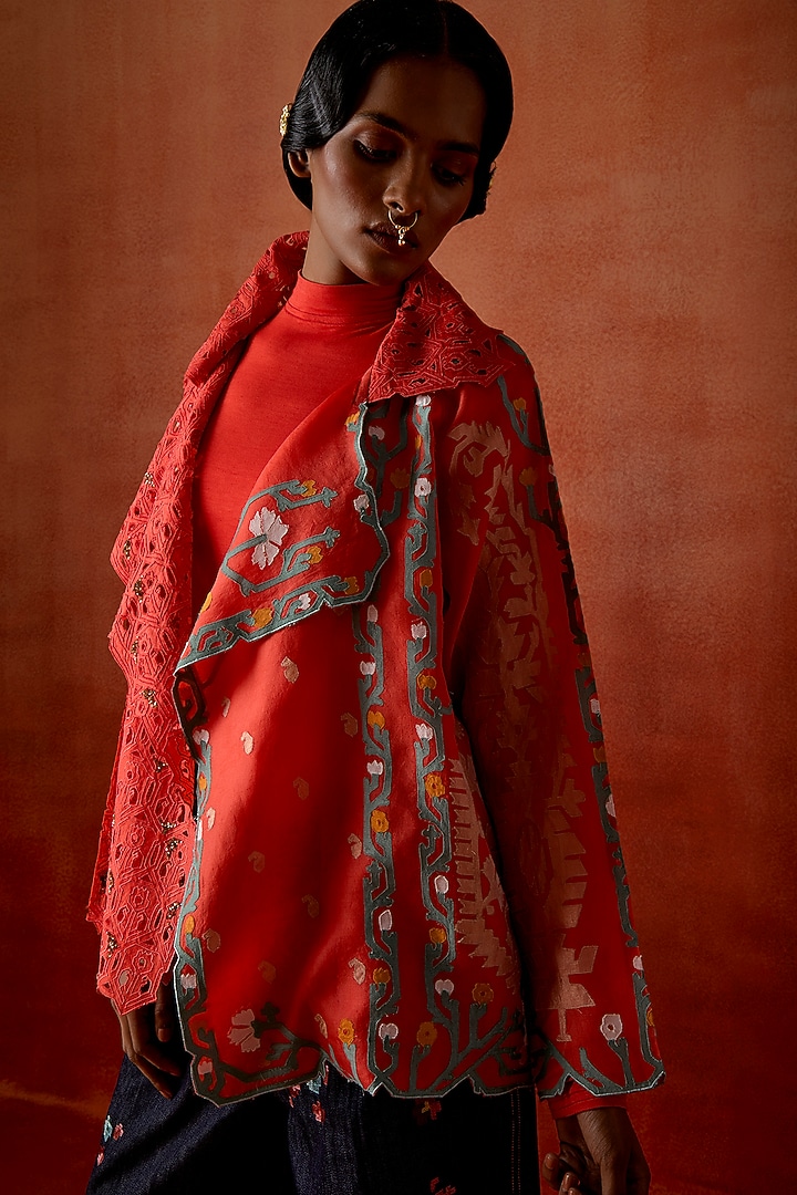Coral Silk Organza Embroidered Jacket Set by Jajaabor at Pernia's Pop Up Shop