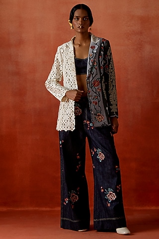 Tri-Color Silk Chanderi Embroidered Jacket Set by Jajaabor