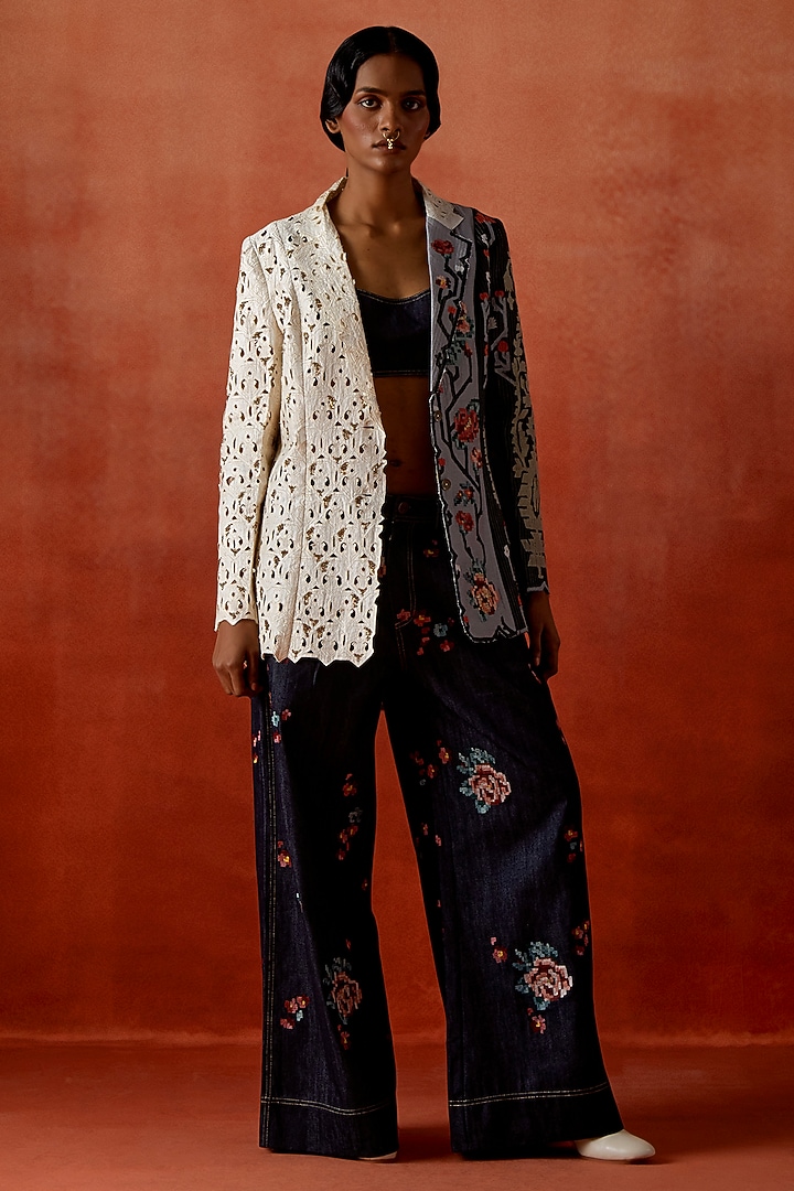 Tri-Color Silk Chanderi Embroidered Jacket Set by Jajaabor at Pernia's Pop Up Shop