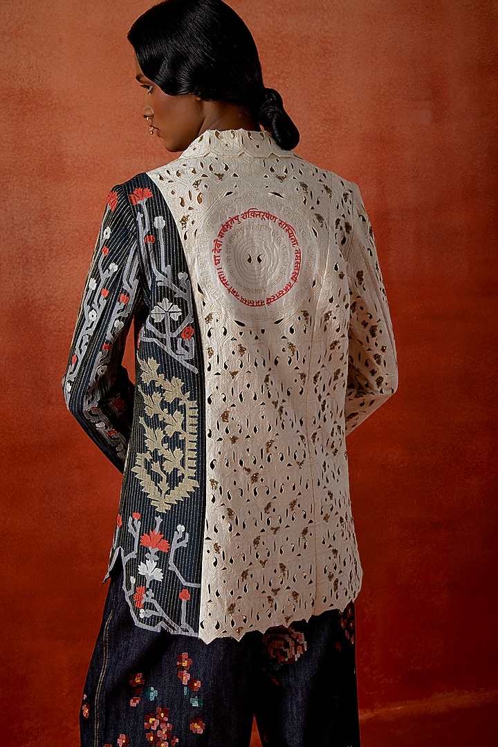 Tri-Color Silk Chanderi Embroidered Jacket Set by Jajaabor at Pernia's Pop Up Shop