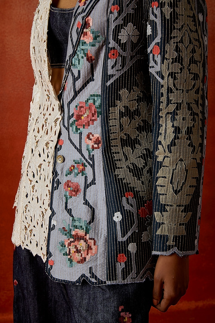 Tri-Color Silk Chanderi Embroidered Jacket Set by Jajaabor at Pernia's Pop Up Shop