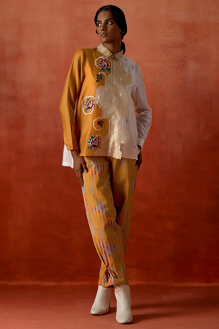 Ivory & Mustard Silk Chanderi Embroidered Co-Ord Set by Jajaabor at Pernia's Pop Up Shop