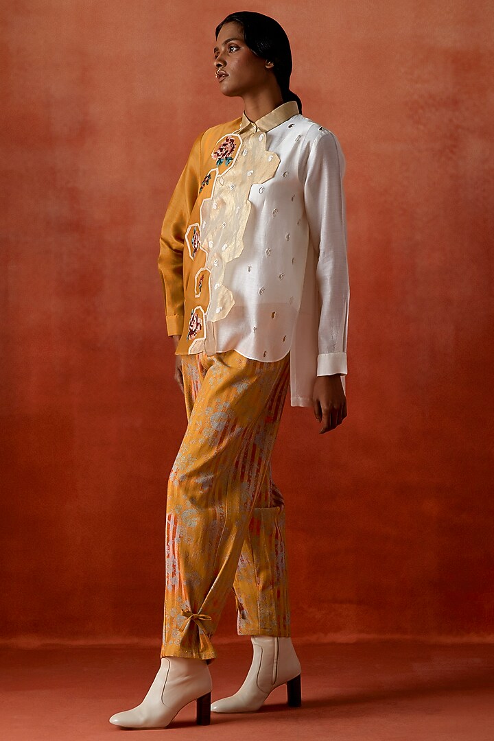 Ivory & Mustard Silk Chanderi Embroidered Co-Ord Set by Jajaabor at Pernia's Pop Up Shop