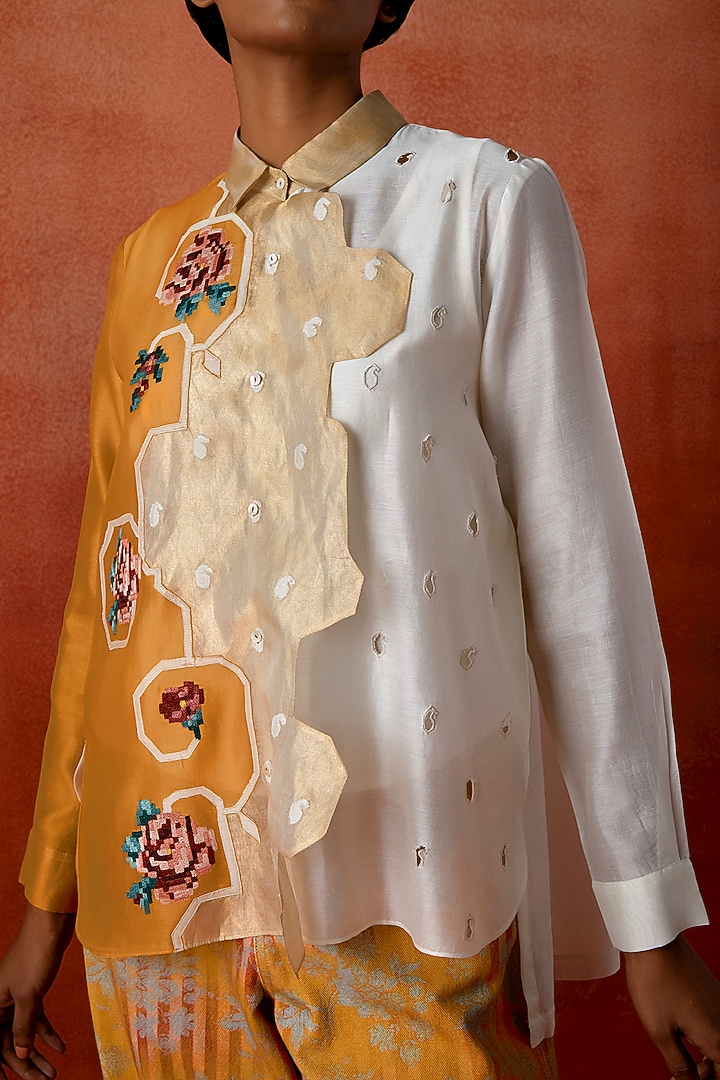 Ivory & Mustard Silk Chanderi Embroidered Co-Ord Set by Jajaabor at Pernia's Pop Up Shop