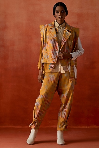 Mustard Silk Chanderi Embroidered Jacket Set by Jajaabor