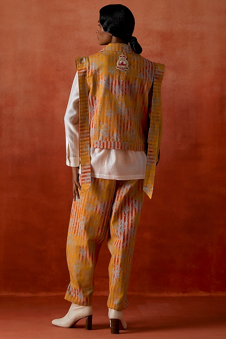 Mustard Silk Chanderi Embroidered Jacket Set by Jajaabor at Pernia's Pop Up Shop