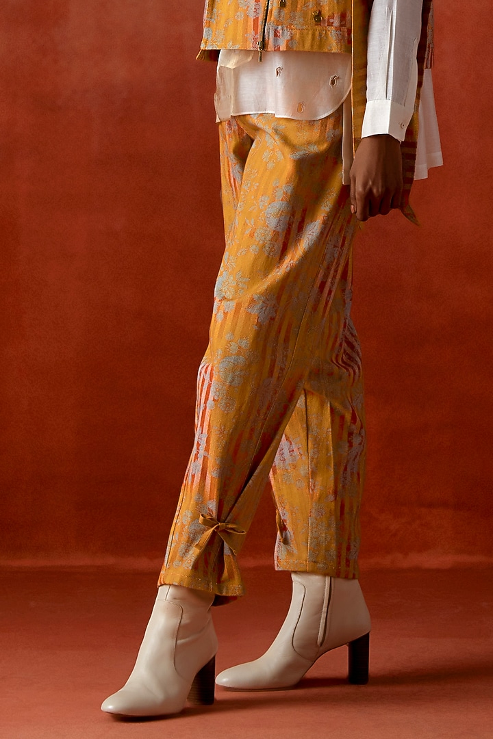 Mustard Silk Chanderi Embroidered Jacket Set by Jajaabor at Pernia's Pop Up Shop