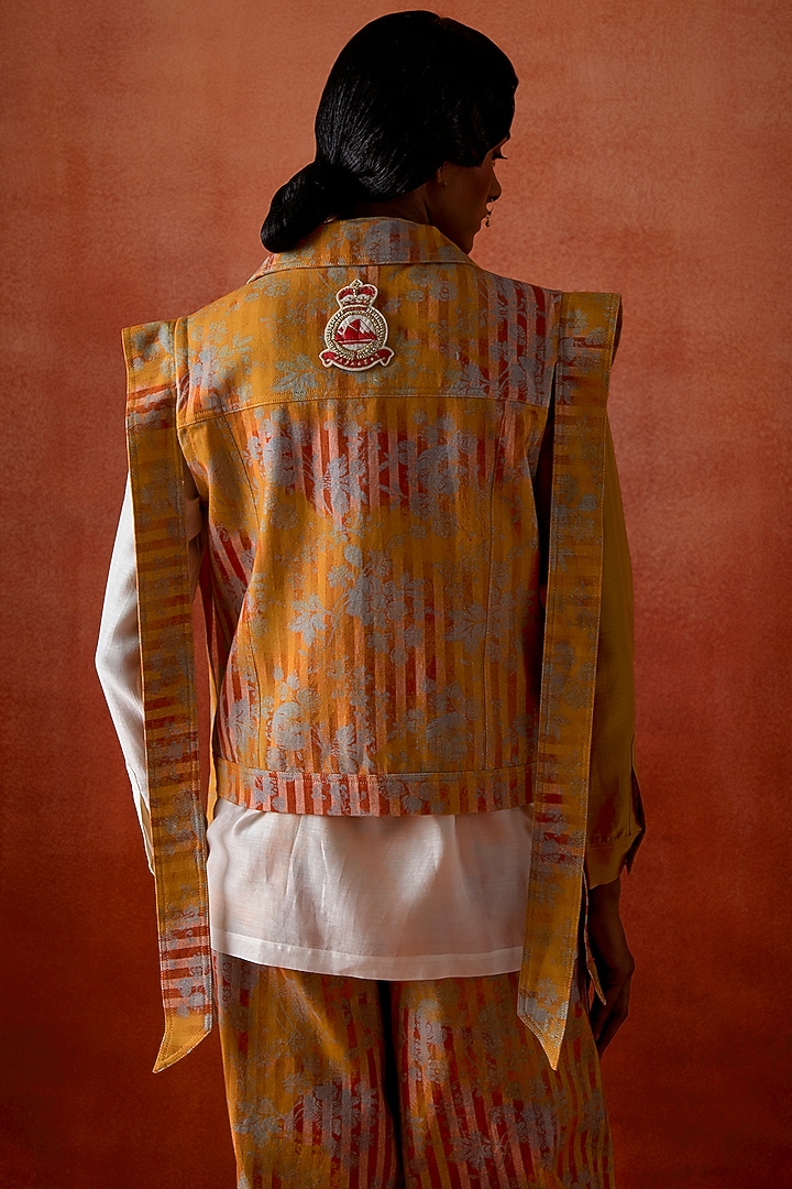 Mustard Silk Chanderi Embroidered Jacket Set by Jajaabor at Pernia's Pop Up Shop