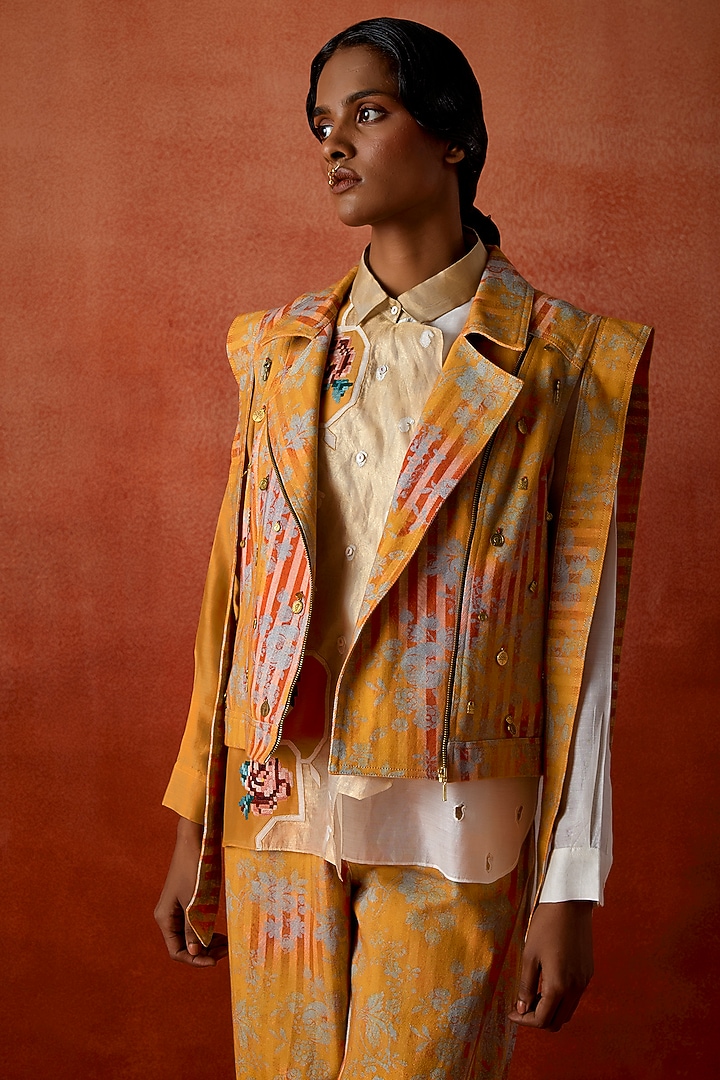 Mustard Silk Chanderi Embroidered Jacket Set by Jajaabor at Pernia's Pop Up Shop