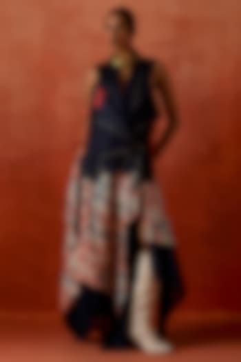 Indigo Silk Chanderi Asymmetrical Layered Skirt Set by Jajaabor at Pernia's Pop Up Shop