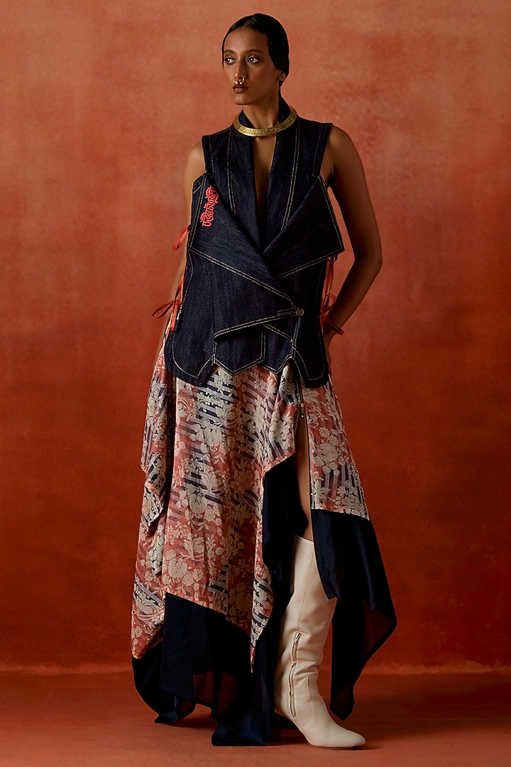 Indigo Silk Chanderi Asymmetrical Layered Skirt Set by Jajaabor at Pernia's Pop Up Shop