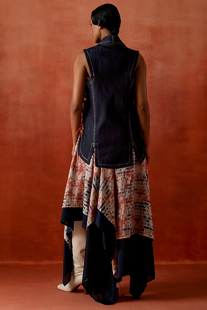 Indigo Silk Chanderi Asymmetrical Layered Skirt Set by Jajaabor at Pernia's Pop Up Shop