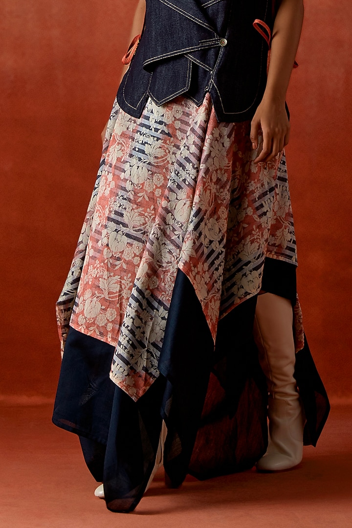 Indigo Silk Chanderi Asymmetrical Layered Skirt Set by Jajaabor at Pernia's Pop Up Shop