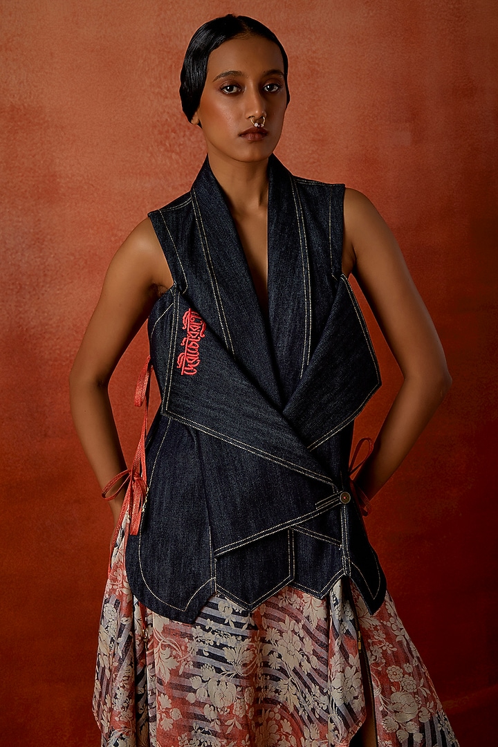 Indigo Silk Chanderi Asymmetrical Layered Skirt Set by Jajaabor at Pernia's Pop Up Shop