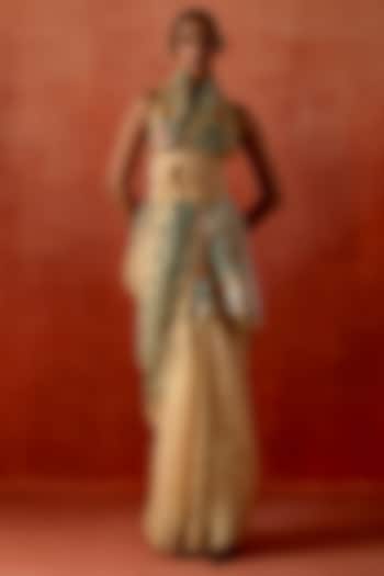Gold Tissue Embroidered Wedding Saree Set by Jajaabor at Pernia's Pop Up Shop