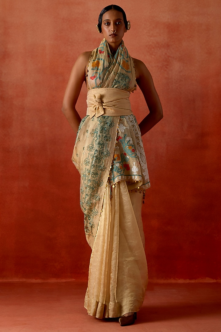 Gold Tissue Embroidered Wedding Saree Set by Jajaabor at Pernia's Pop Up Shop