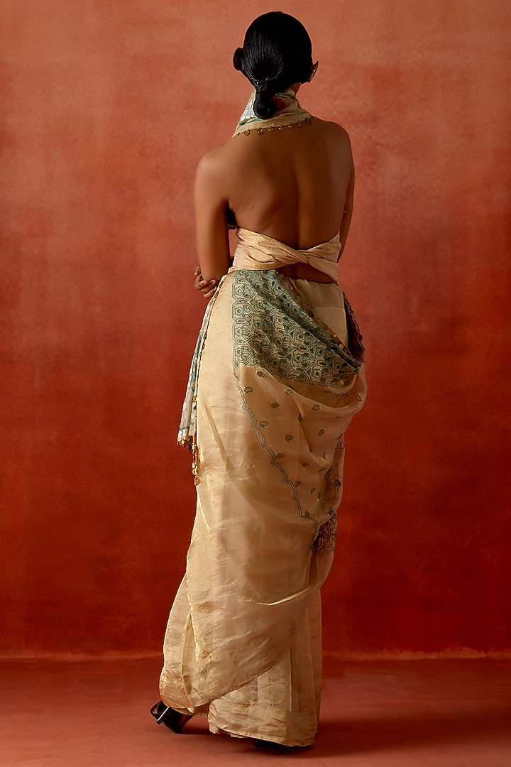 Gold Tissue Embroidered Wedding Saree Set by Jajaabor at Pernia's Pop Up Shop