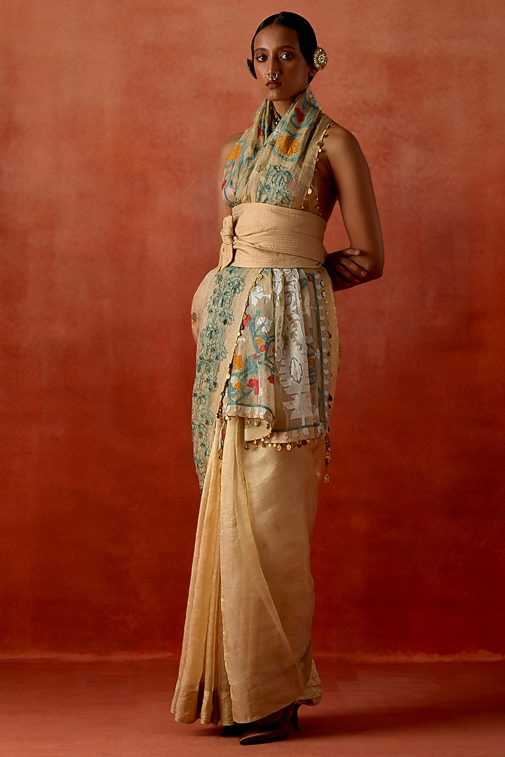 Gold Tissue Embroidered Wedding Saree Set by Jajaabor at Pernia's Pop Up Shop