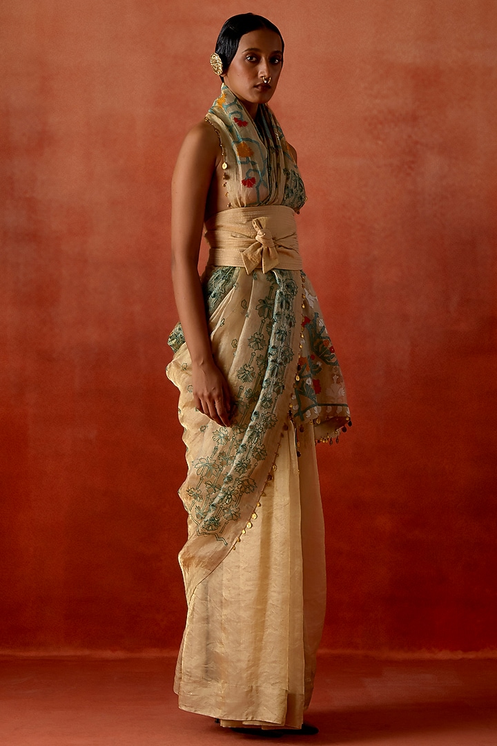 Gold Tissue Embroidered Wedding Saree Set by Jajaabor at Pernia's Pop Up Shop