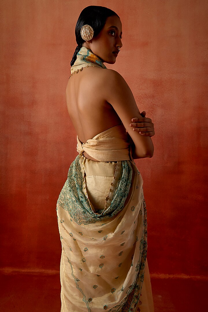Gold Tissue Embroidered Wedding Saree Set by Jajaabor at Pernia's Pop Up Shop