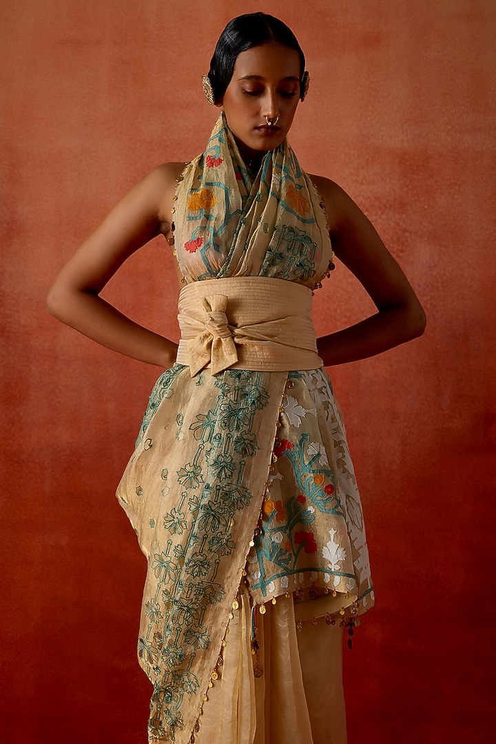 Gold Tissue Embroidered Wedding Saree Set by Jajaabor at Pernia's Pop Up Shop