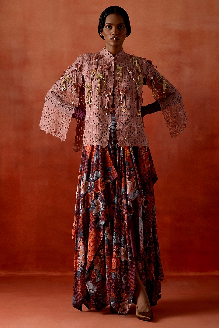 Old Rose Silk Organza Cape Set by Jajaabor at Pernia's Pop Up Shop