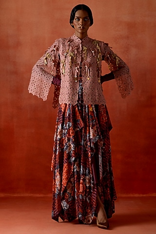 Old Rose Silk Organza Cape Set by Jajaabor
