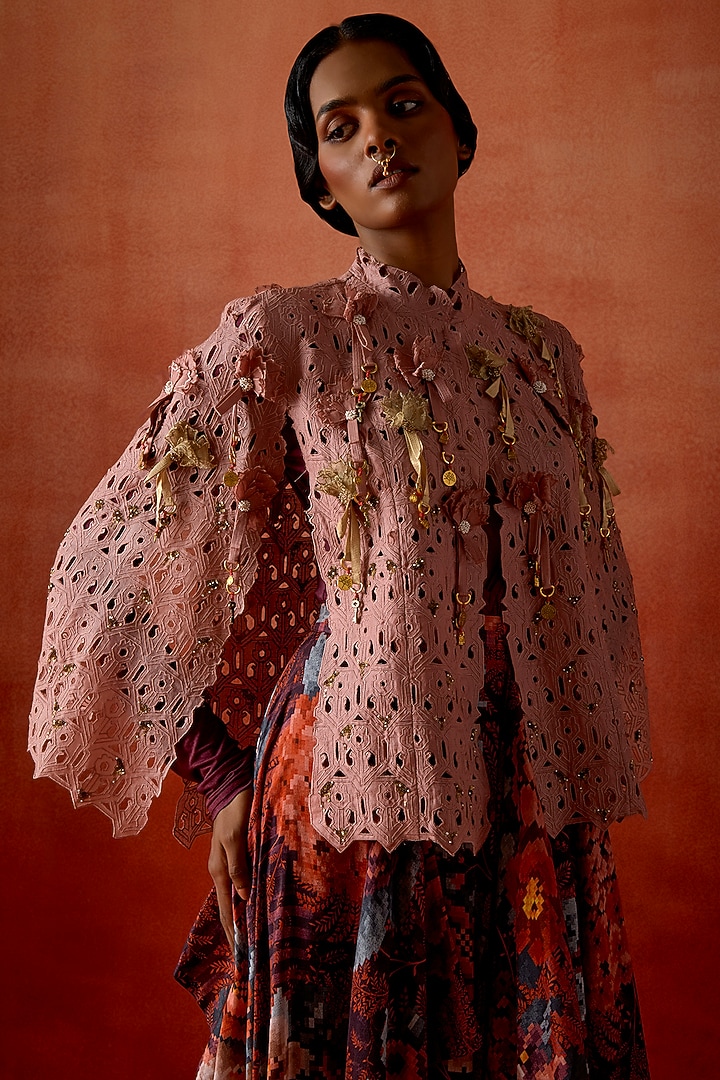 Old Rose Silk Organza Cape Set by Jajaabor at Pernia's Pop Up Shop