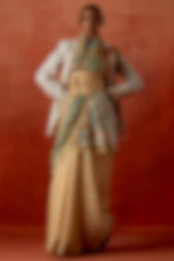 Gold Tissue Embroidered Jacket Reception Saree Set by Jajaabor at Pernia's Pop Up Shop
