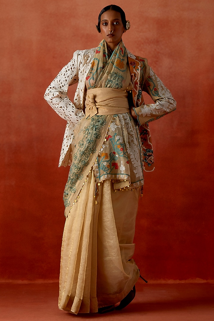 Gold Tissue Embroidered Jacket Reception Saree Set by Jajaabor at Pernia's Pop Up Shop
