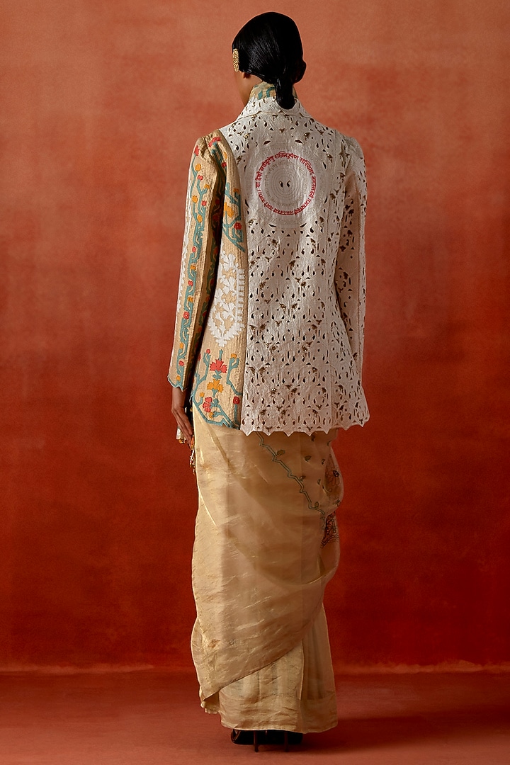 Gold Tissue Embroidered Jacket Reception Saree Set by Jajaabor at Pernia's Pop Up Shop