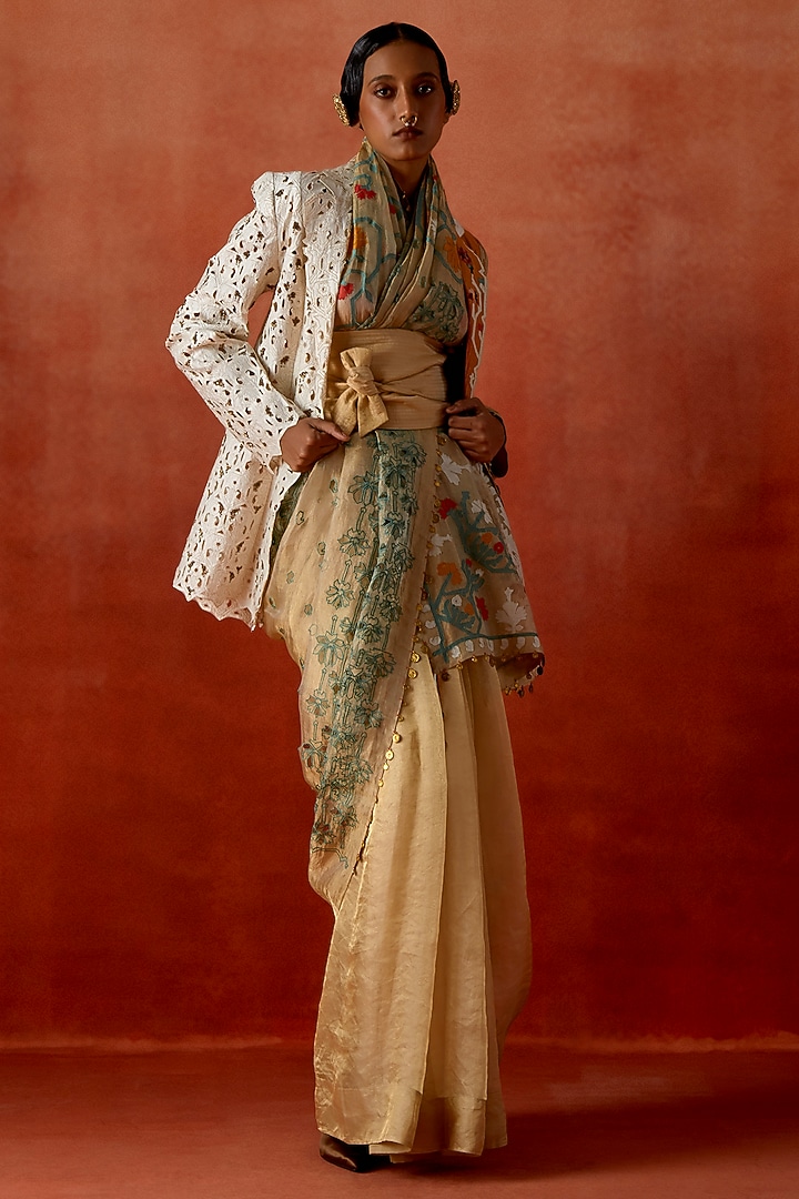 Gold Tissue Embroidered Jacket Reception Saree Set by Jajaabor at Pernia's Pop Up Shop