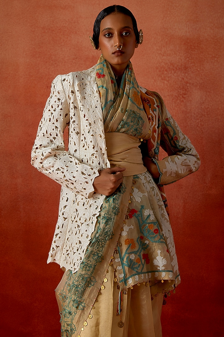 Gold Tissue Embroidered Jacket Reception Saree Set by Jajaabor at Pernia's Pop Up Shop