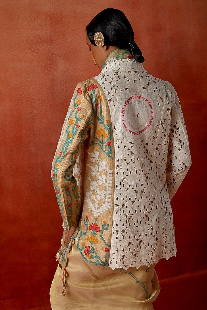Gold Tissue Embroidered Jacket Reception Saree Set by Jajaabor at Pernia's Pop Up Shop
