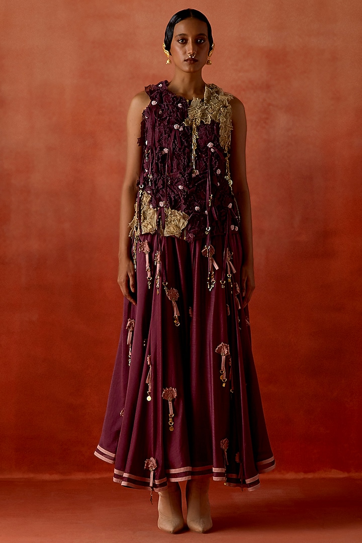 Wine Silk Chanderi Floral Embroidered Skirt Set by Jajaabor at Pernia's Pop Up Shop