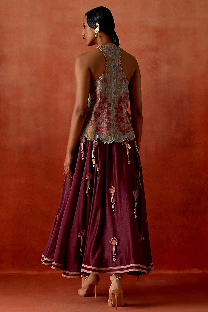 Wine Silk Chanderi Floral Embroidered Skirt Set by Jajaabor at Pernia's Pop Up Shop
